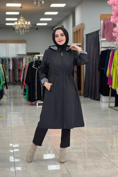 İçi Çizgili Trenç Lacivert Lacivert