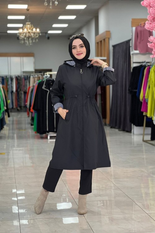 İçi Çizgili Trenç Lacivert Lacivert