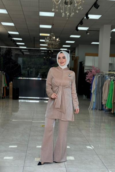 Kuşak Detaylı Takım Vizon Vizon