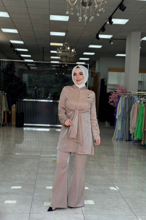 Kuşak Detaylı Takım Vizon Vizon