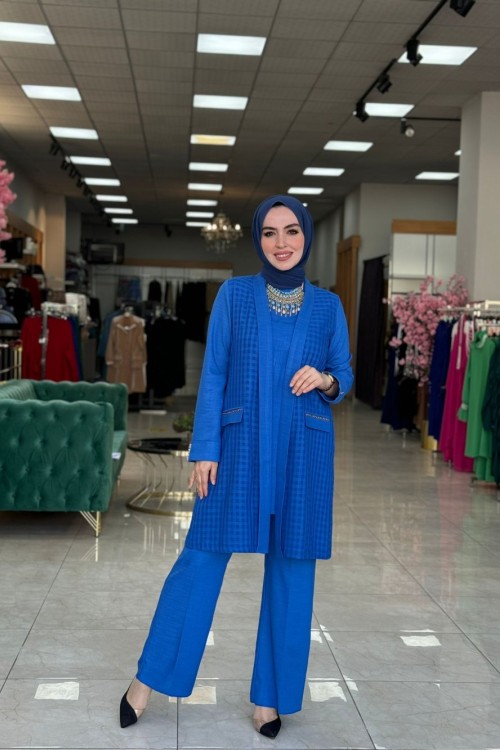 Üçlü Keten Takım Saks Mavisi Saks Mavisi