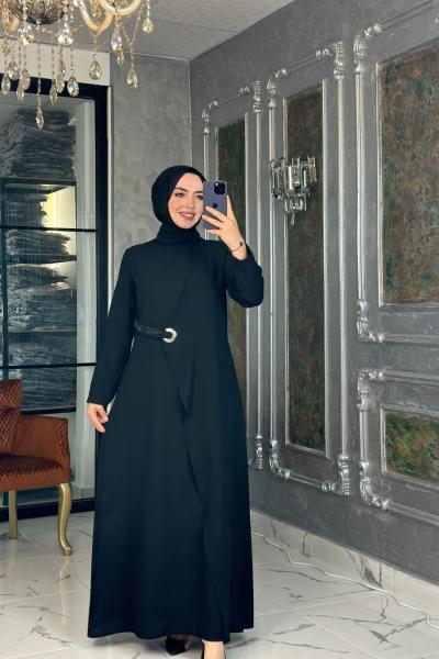 Kuş Gözü Detaylı Elbise-Siyah Siyah