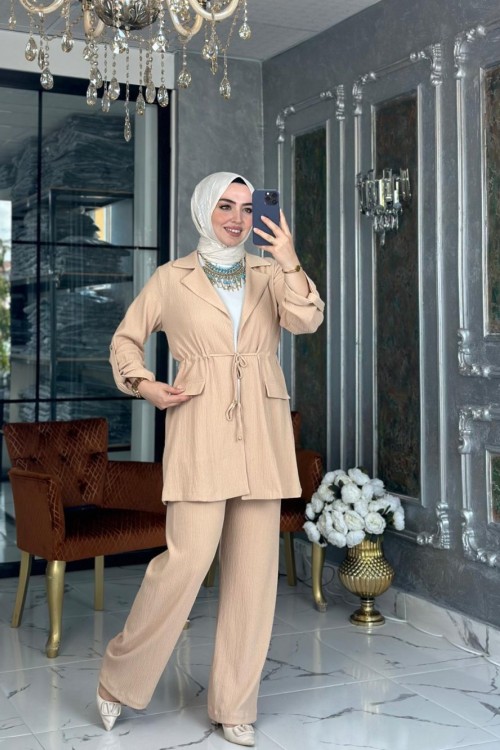 Bürümcük Şal Yaka Takım-Bej Bej