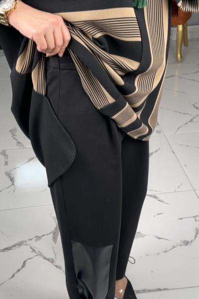 Deri Detaylı Pantolon Siyah