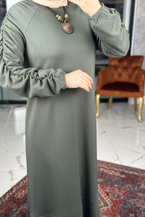 Kuvars Reglan Kol Elbise-Haki Haki