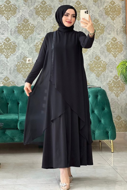 Şifon Taşlı Elbise- Siyah Siyah