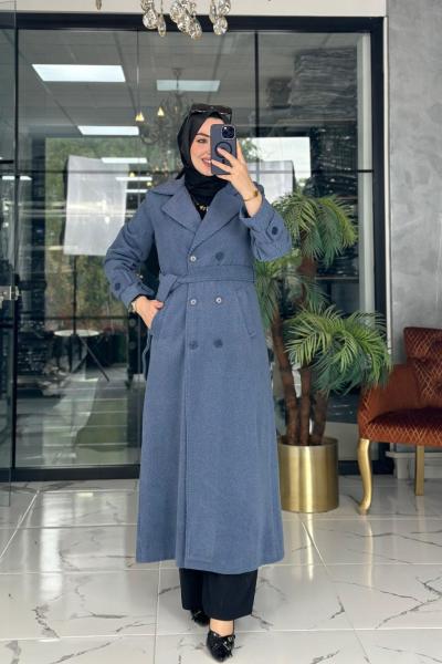 Uzun Kaşe Kaban İndigo mavi indigo