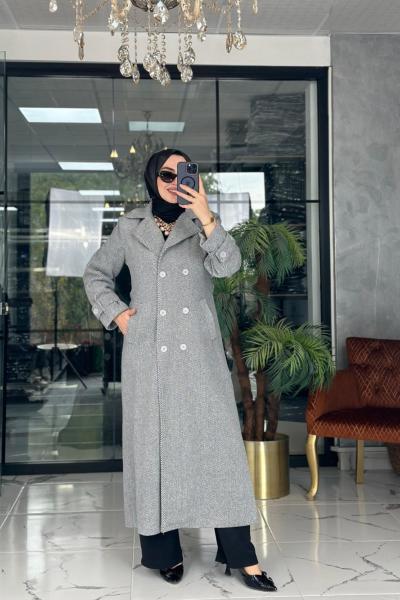 Uzun Kaşe Kaban Gri Gri