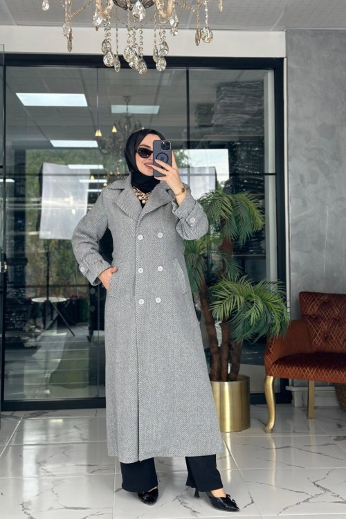 Uzun Kaşe Kaban Gri Gri