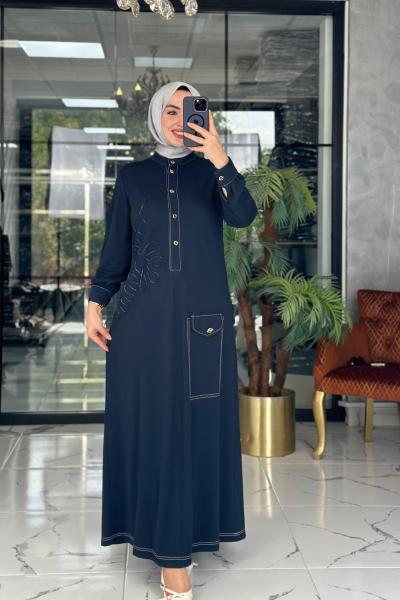 Lase Desenli Elbise Lacivert Lacivert