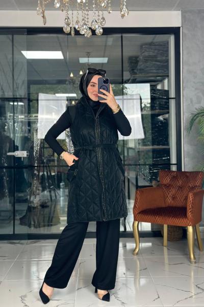 Taşlı Kapitone Yelek Siyah Siyah