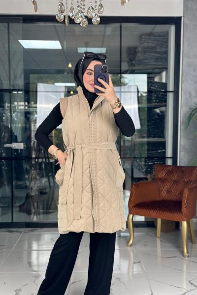 Taşlı Kapitone Yelek Vizon Vizon