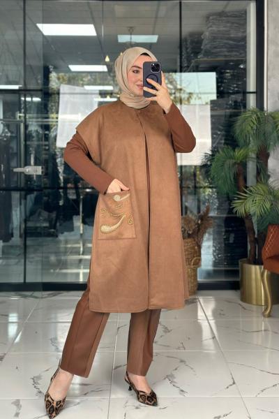 Süet Tasarım Yelek Taba Taba