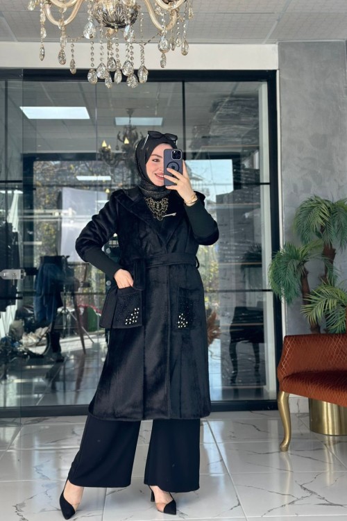 Angora Taşlı Kaban Siyah Siyah