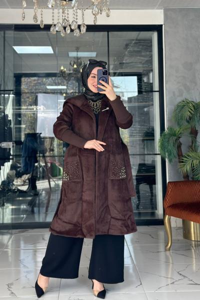 Angora Taşlı Kaban Kahverengi Kahverengi