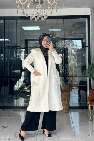 Angora Taşlı Kaban Ekru Ekru