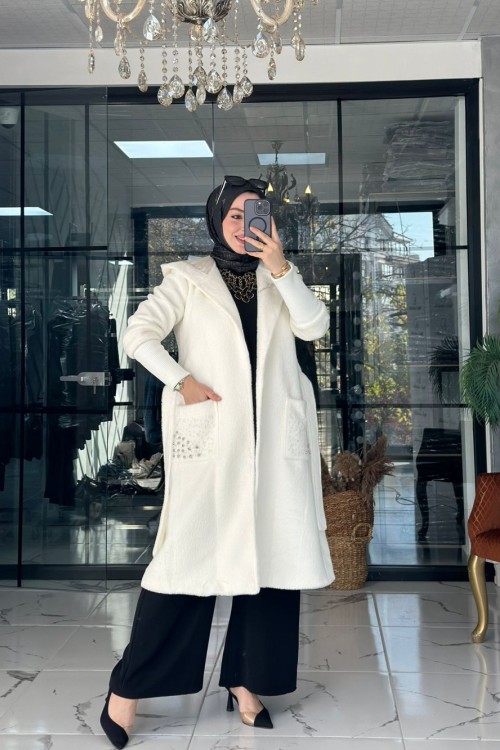 Angora Taşlı Kaban Ekru Ekru
